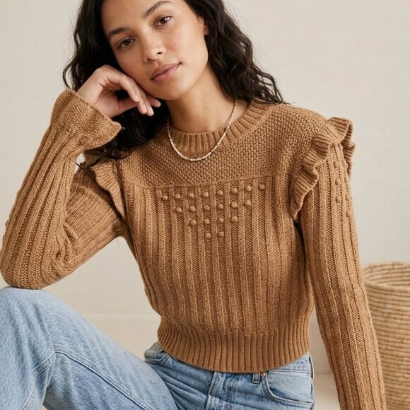 Ottod’Ame Anthropologie Sweaters - Ottod'Ame Camel Wool Cashmere Blend Ruffle Detail Bohemian Knit Sweater Size 6